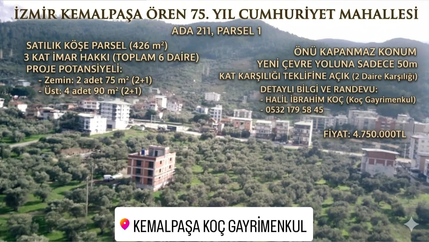 İzmir Kemalpaşa Ören Mahallesi'nde 3 Kat İmarlı Satılık Köşe Parsel!